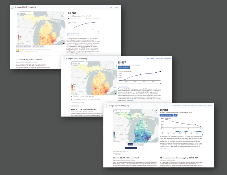 three screenshots of the front page of covidmapping at different points in the development process