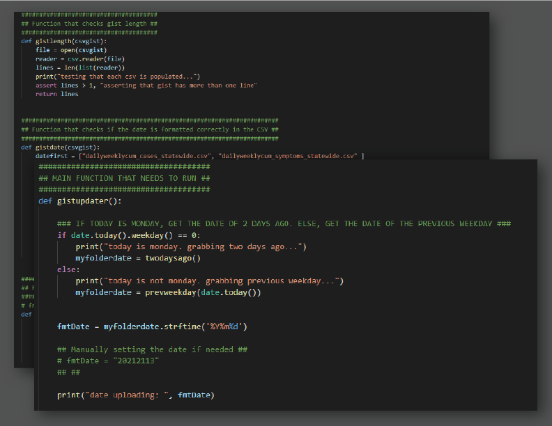 an image of two sections of python code used to upload csvs to gist