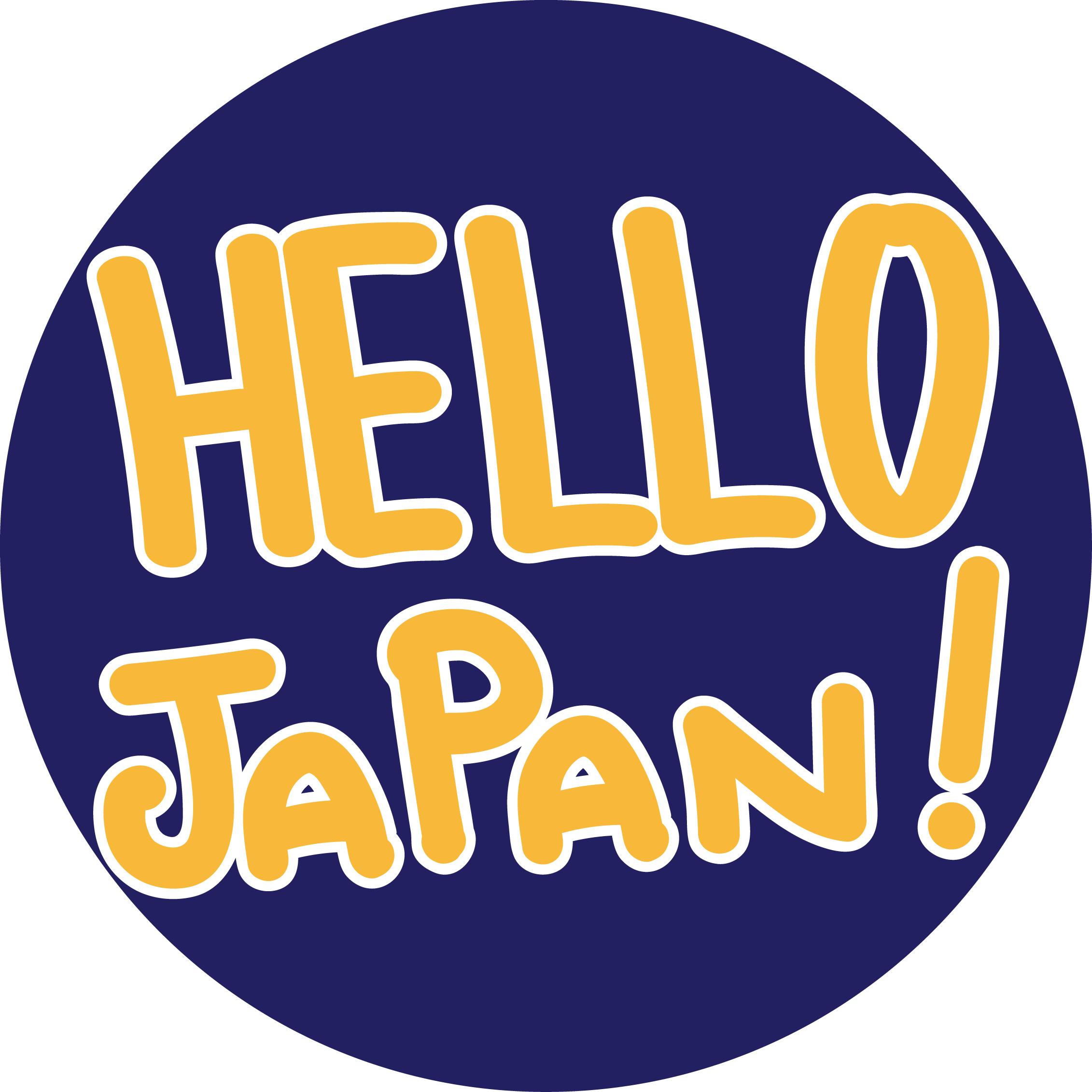 Navy blue circle with the words Hello Japan! in yellow text on top of it