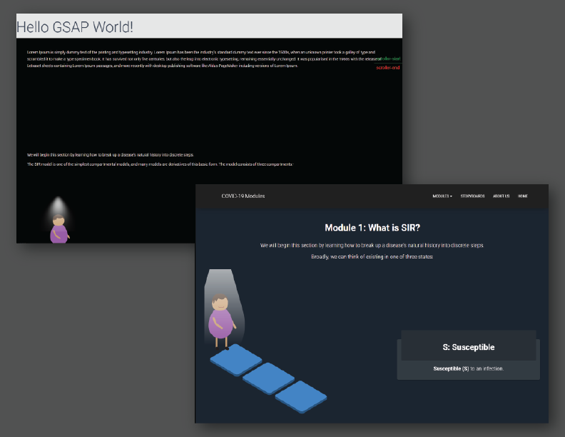 a screenshot of the original design of the first covid module and a screenshot of the current design of the first covid module