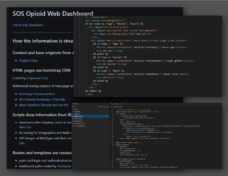 two screenshots of code that showcase python and flask templating, placed on top of one screenshot of the readme for the SOS dashboard