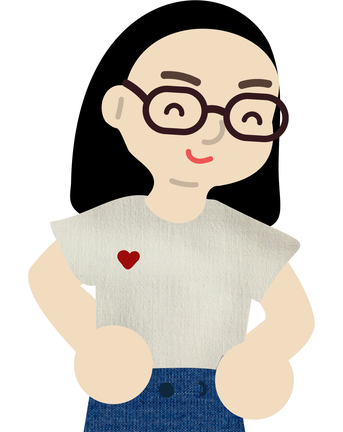 a cartoon representation of stephanie. character wears brown rectangular glasses, a white shirt with a red heart patch on the chest, and blue jeans. the character has long black hair and its hands are on its hips.