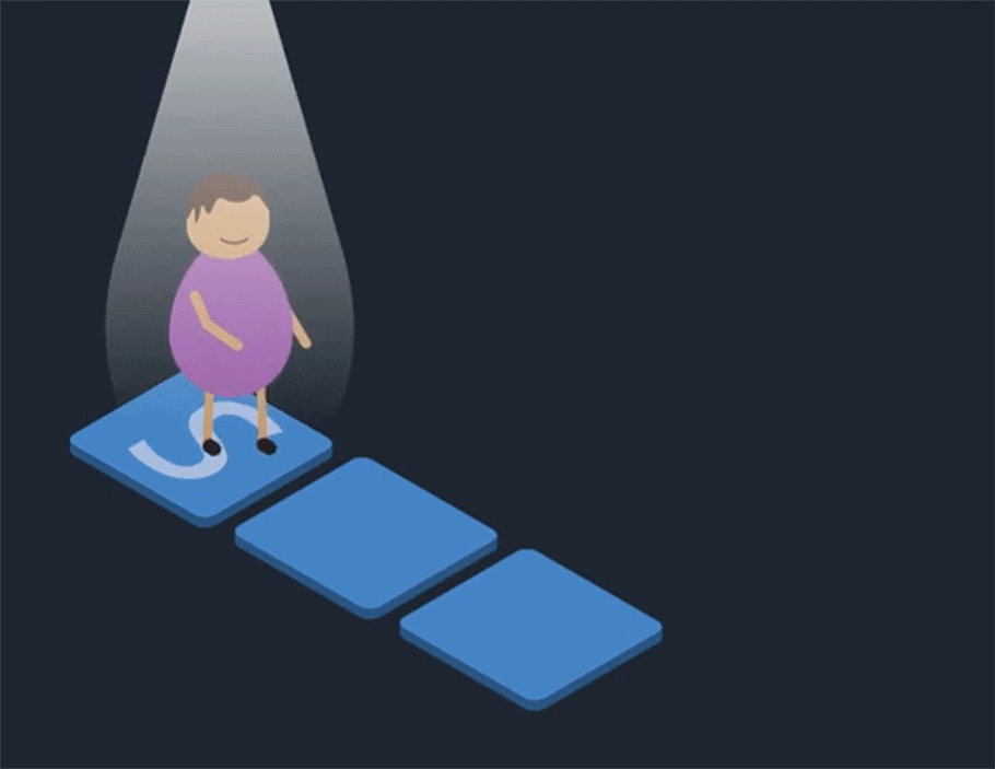 moving image of simple figure wearing purple walking across tiles labeled S, I and R while contorting its body to reflect different states of health